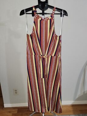 C&C California Multi-Stripe Sleeveless Dress in Rust, Yellow, Navy. Size XL.